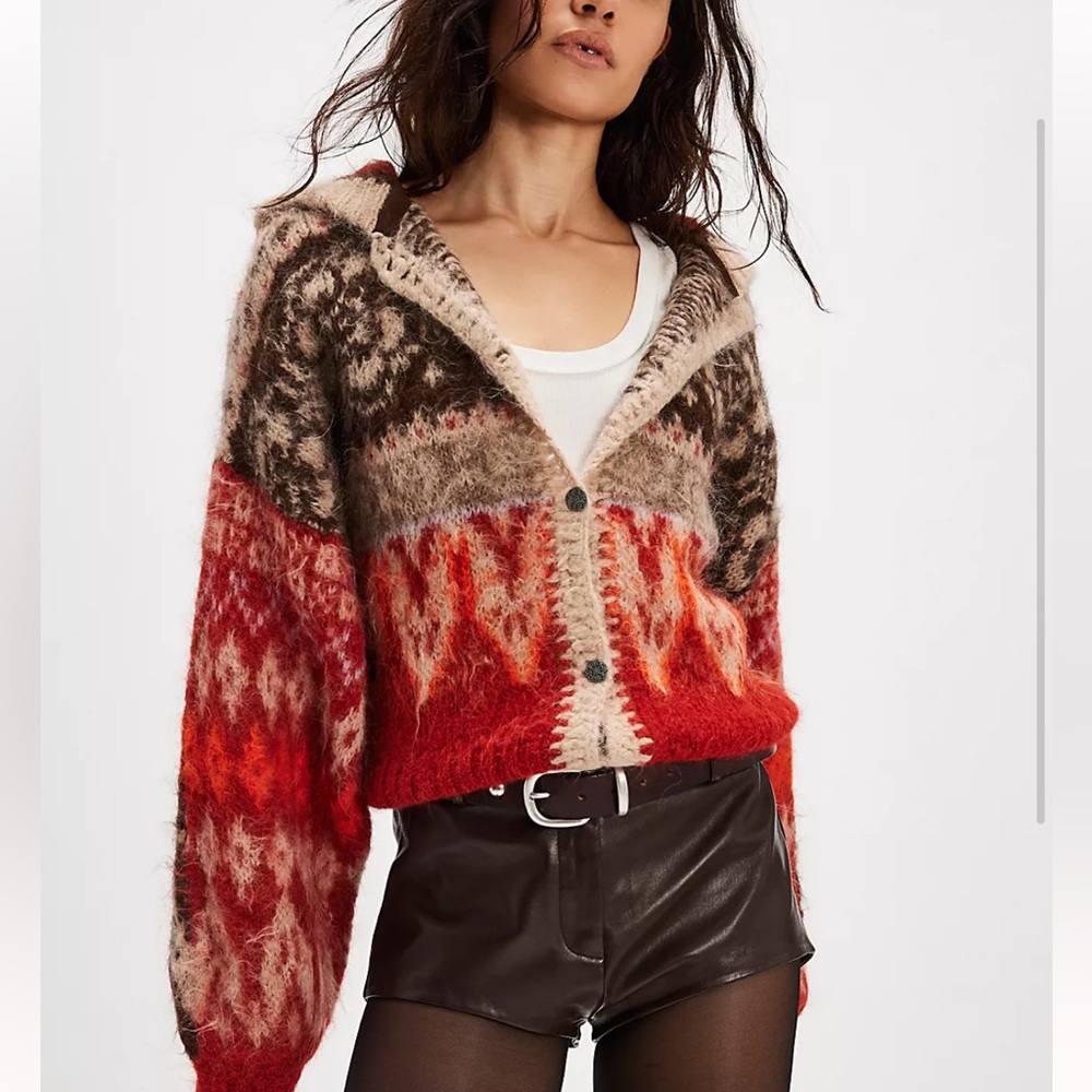 Alpaca Wool Hooded Cardigan Sweater Peru Boho Fair Isle XS NWOT
